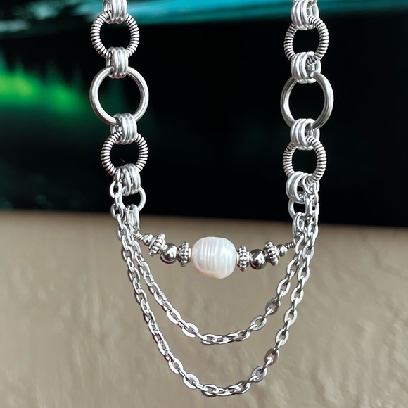 Handmade maille links choker necklace white mother of pearl charm boho goth - Picture 9 of 11